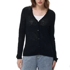 Frye Women's Pointelle Cardigan, Black Beauty, 100% Cotton Size XL